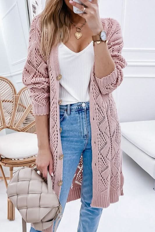 Eyelet Cardigan with Buttons Cream Black Pink Cotton Knit