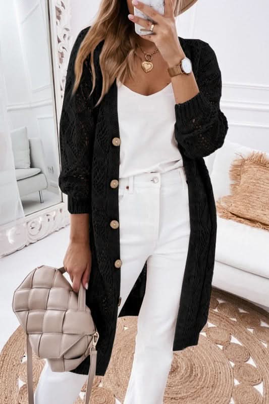 Eyelet Cardigan with Buttons Cream Black Pink Cotton Knit Black