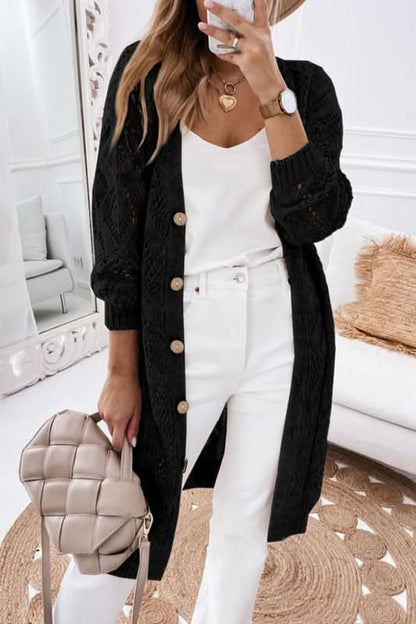 Eyelet Cardigan with Buttons Cream Black Pink Cotton Knit Black