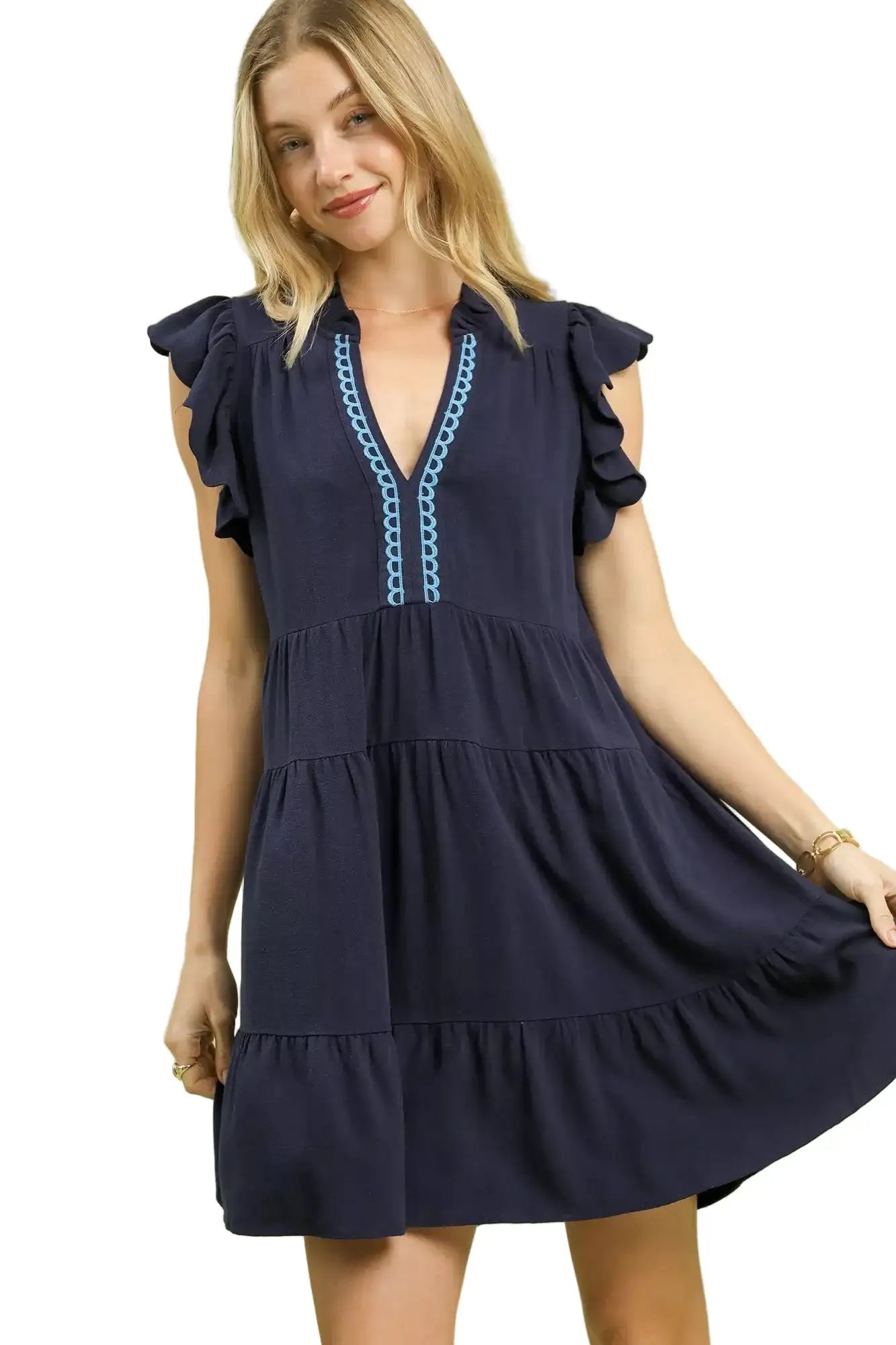 Umgee Linen Tiered Baby Doll Dress NAVY