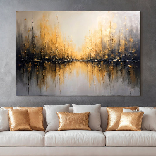 Golden Reflections Abstract Wall Art 36x24 inch Extra Large Premium Gallery Wrapped