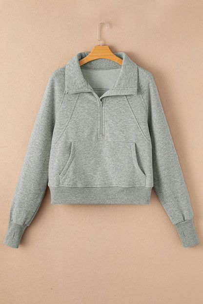 Green Zip Stand Collar Ribbed Thumbhole Sleeve Sweatshirt