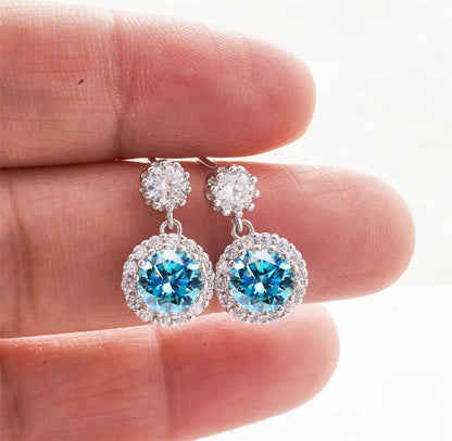 1CT 2Pcs D-Color Moissanite Drop Earrings 925 Sterling Silver With Certificate sea blue silver