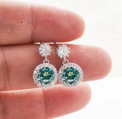 1CT 2Pcs D-Color Moissanite Drop Earrings 925 Sterling Silver With Certificate bluegreen silver