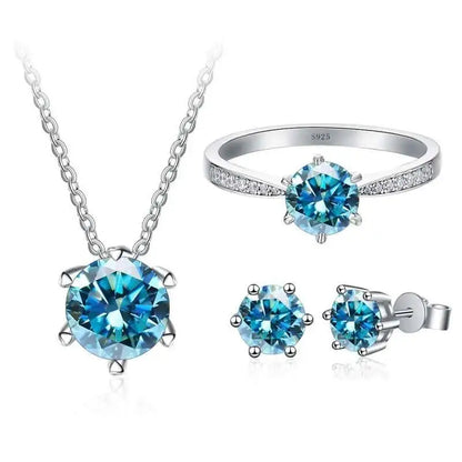 1ct D Color Moissanite Bridal Set 925 Sterling Silver Ring Earring Necklace sea blue