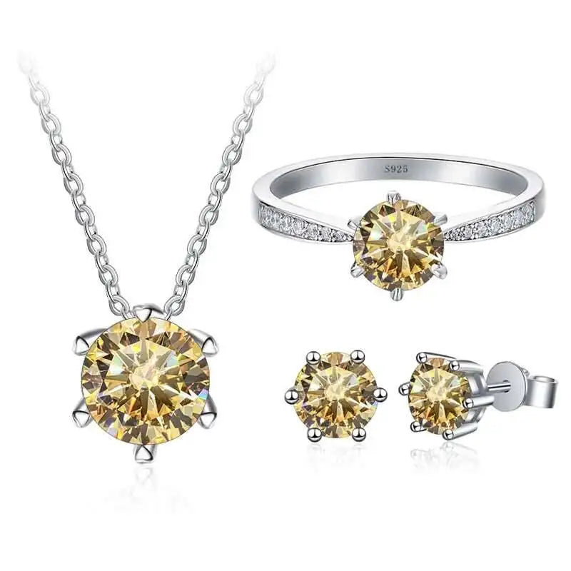 1ct D Color Moissanite Bridal Set 925 Sterling Silver Ring Earring Necklace light yellow