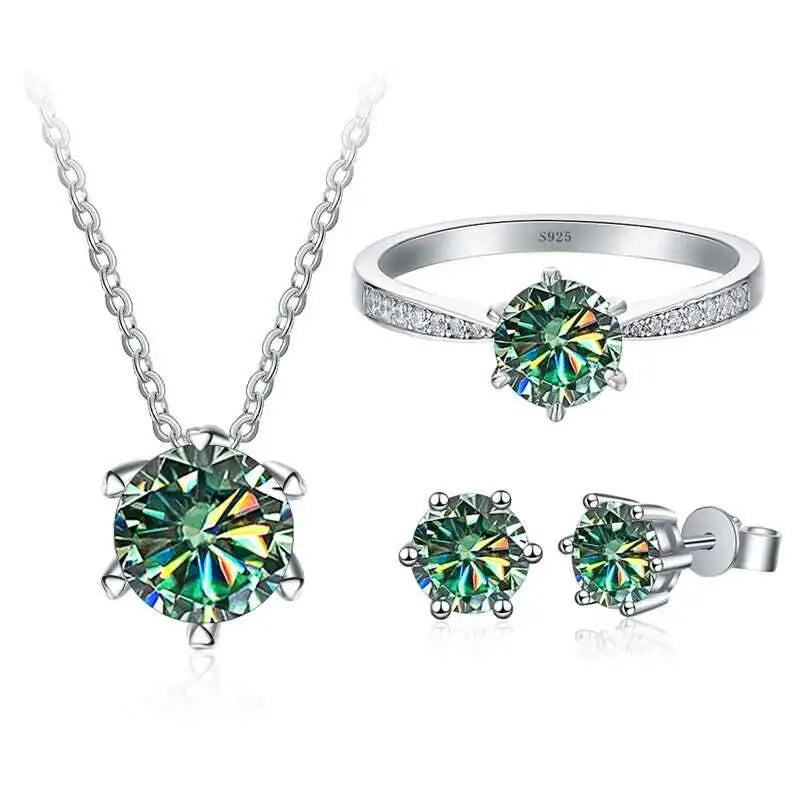 1ct D Color Moissanite Bridal Set 925 Sterling Silver Ring Earring Necklace blue green