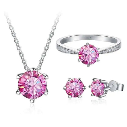 1ct D Color Moissanite Bridal Set 925 Sterling Silver Ring Earring Necklace pink