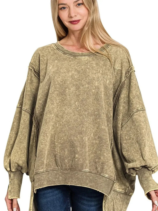 Zenana Acid Wash Exposed-Seam High Low Sweatshirt MOCHA