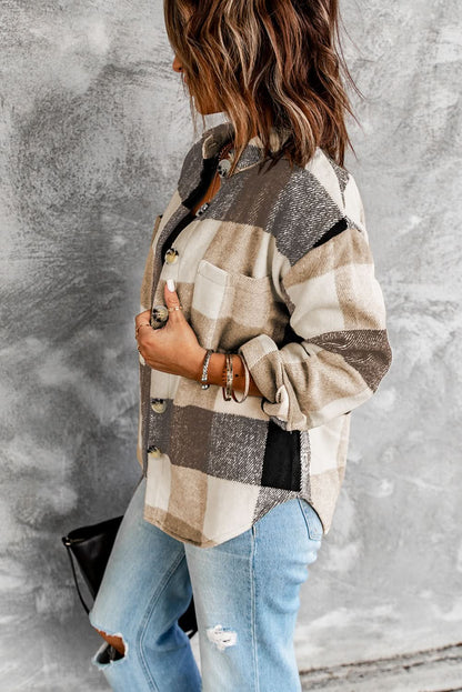 Khaki Plaid Color Block Shacket With Buttoned Pockets