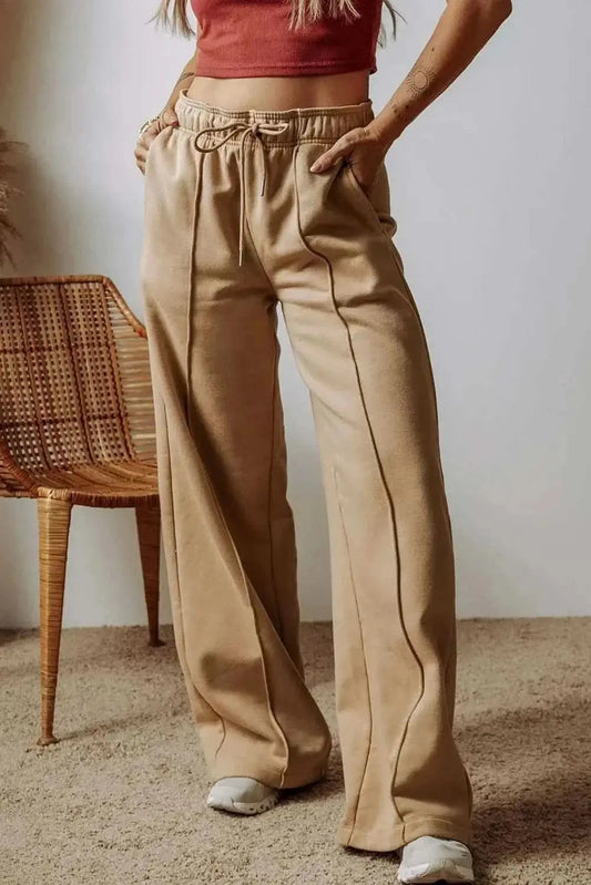 Trendsi Wide Leg Trousers Women's Casual Drawstring Pocketed Pants Comfortable Fit Tan