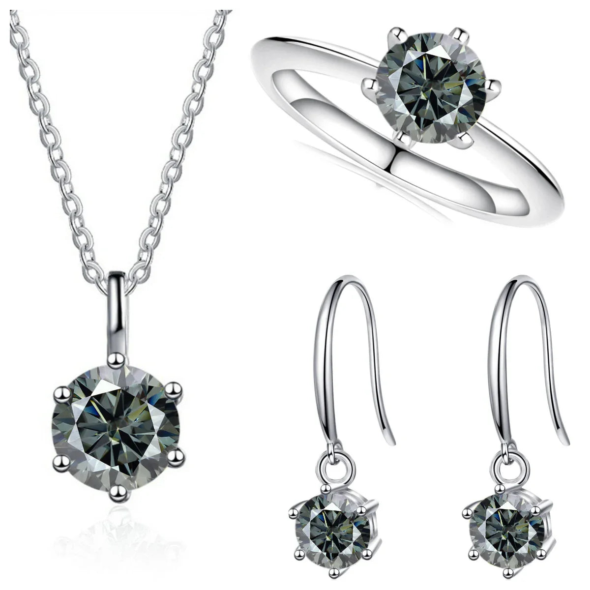 2.5ct Solitaire Moissanite 925 Sterling Silver Necklace Earrings Ring Set gray silver
