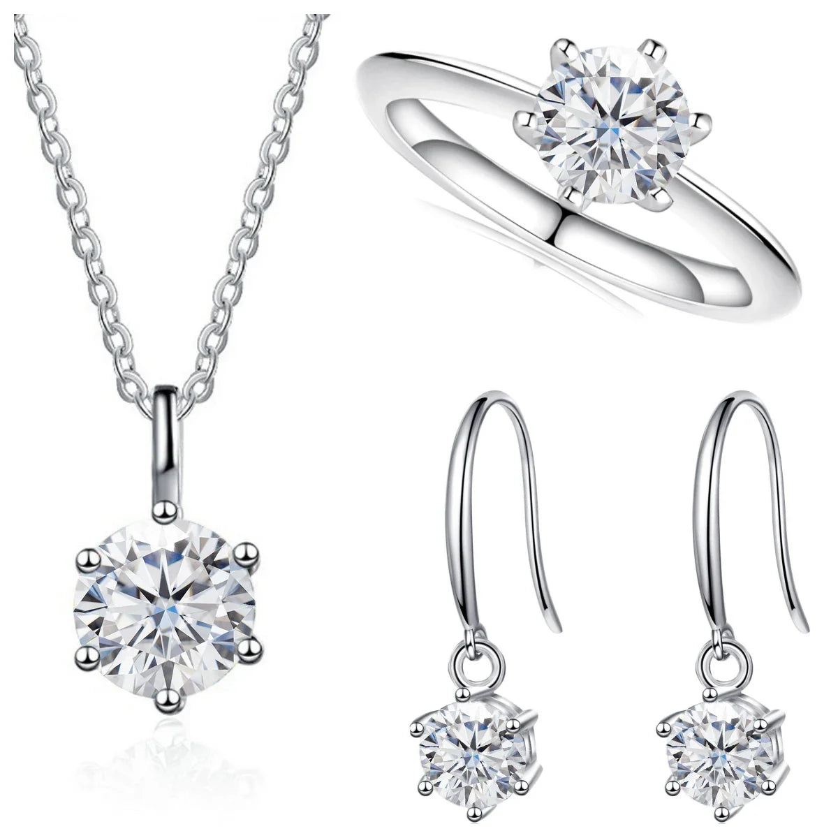2.5ct Solitaire Moissanite 925 Sterling Silver Necklace Earrings Ring Set white silver
