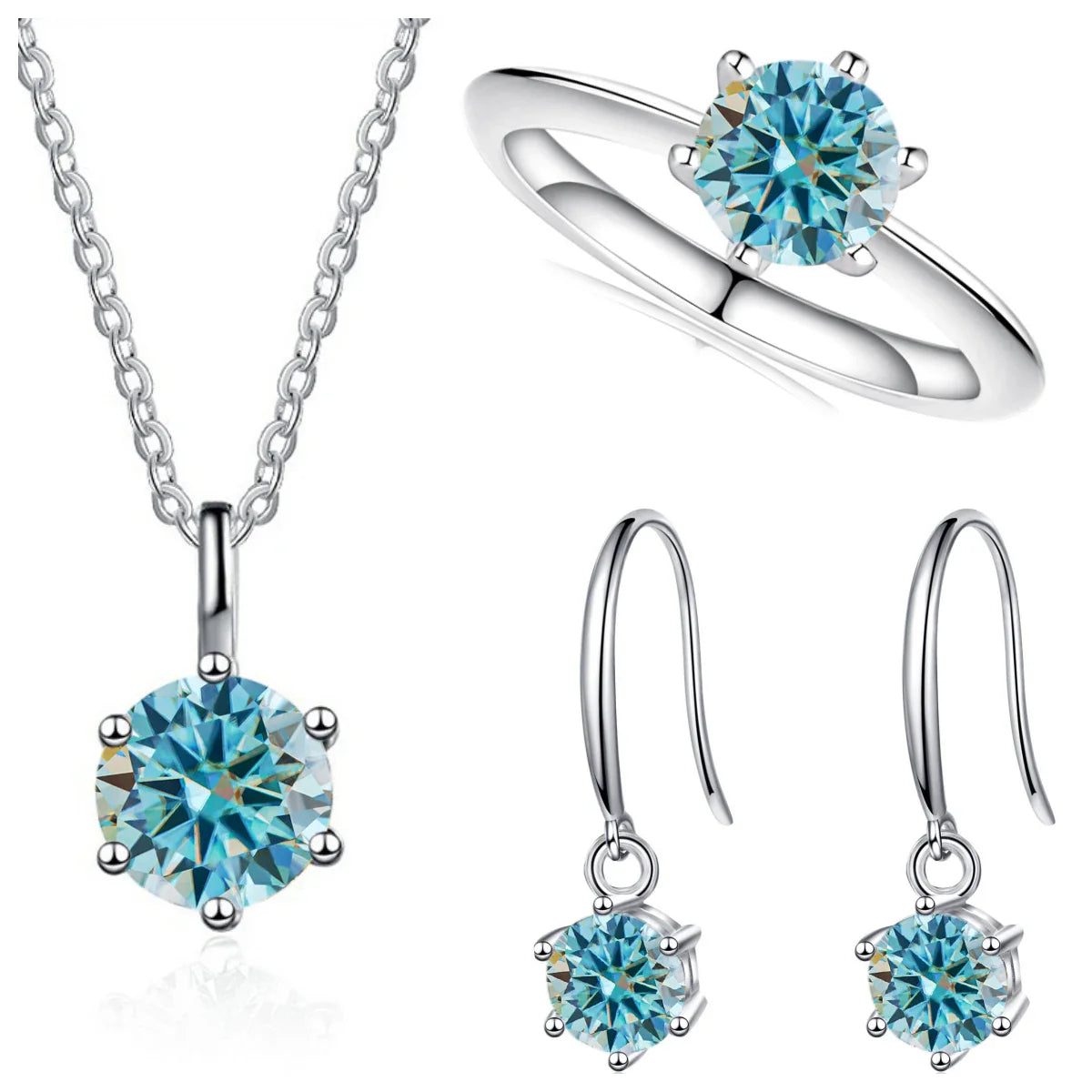 2.5ct Solitaire Moissanite 925 Sterling Silver Necklace Earrings Ring Set blue silver