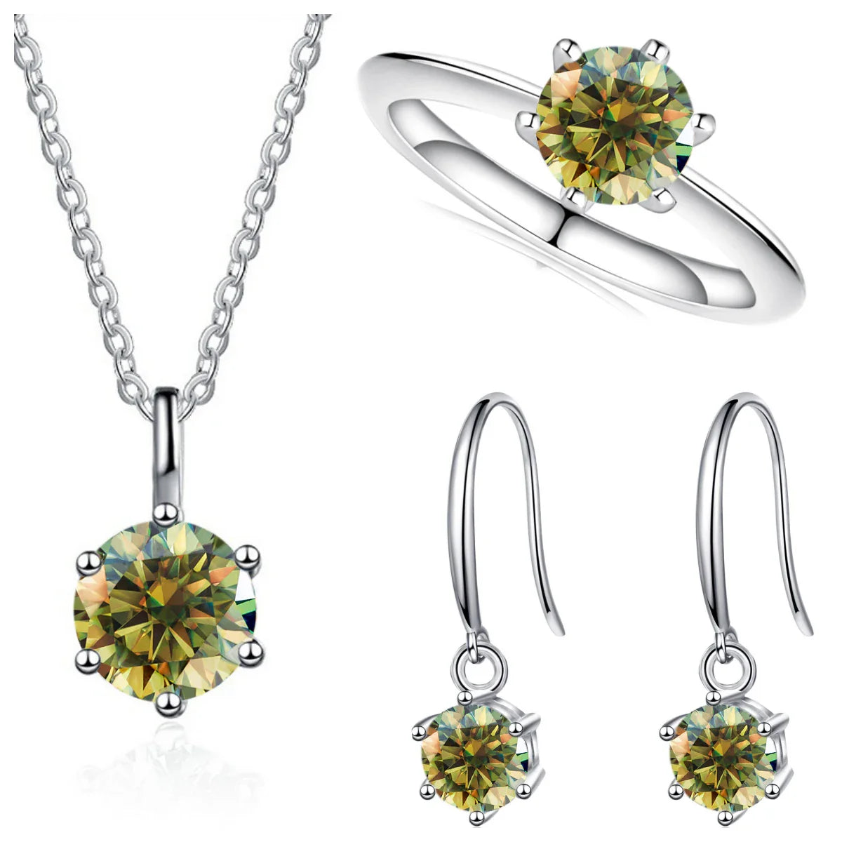 2.5ct Solitaire Moissanite 925 Sterling Silver Necklace Earrings Ring Set yellow green silver