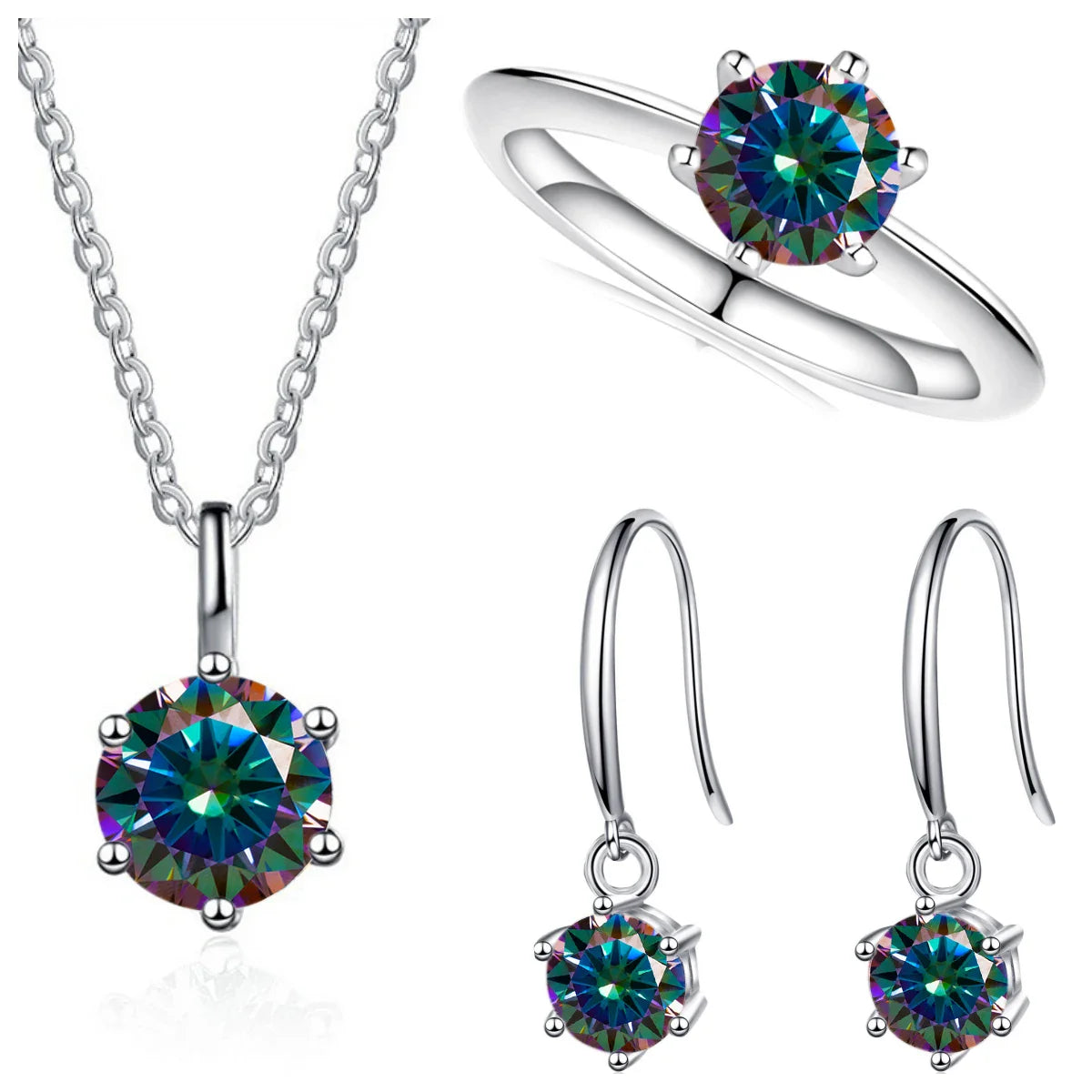2.5ct Solitaire Moissanite 925 Sterling Silver Necklace Earrings Ring Set rainbow silver