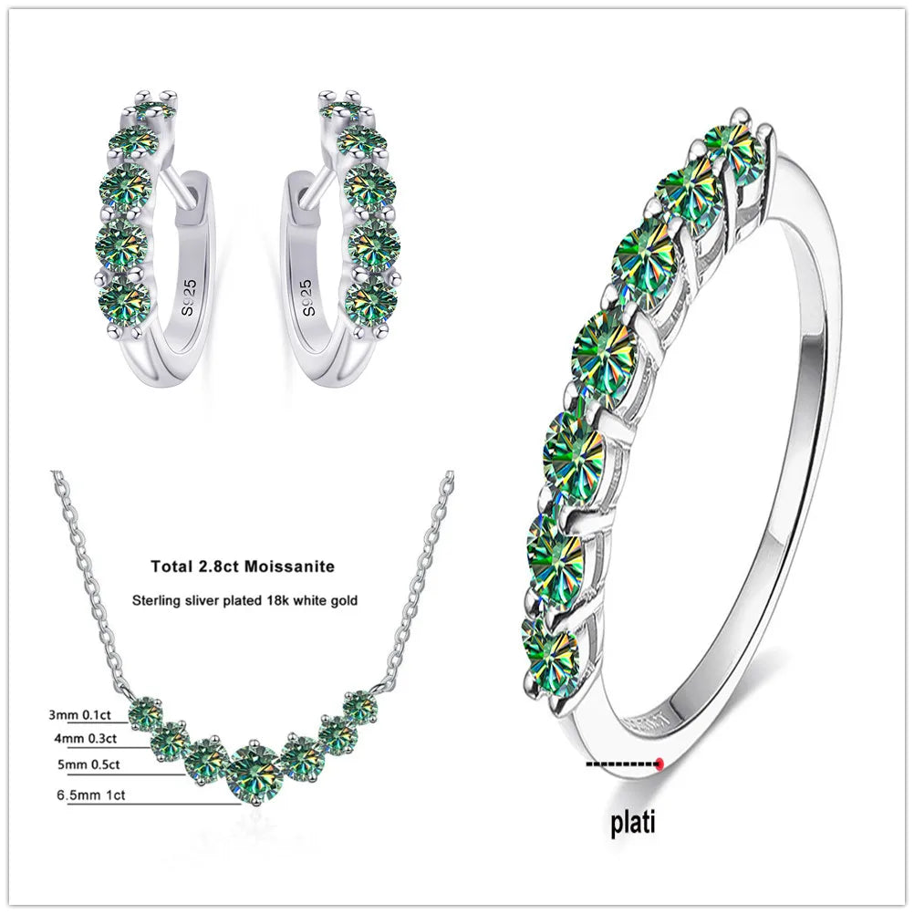 4.5ct Moissanite 925 Sterling Silver Bridal Jewelry Set Ring Necklace Earrings blue green silver