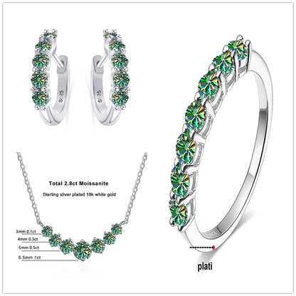 4.5ct Moissanite 925 Sterling Silver Bridal Jewelry Set Ring Necklace Earrings blue green silver