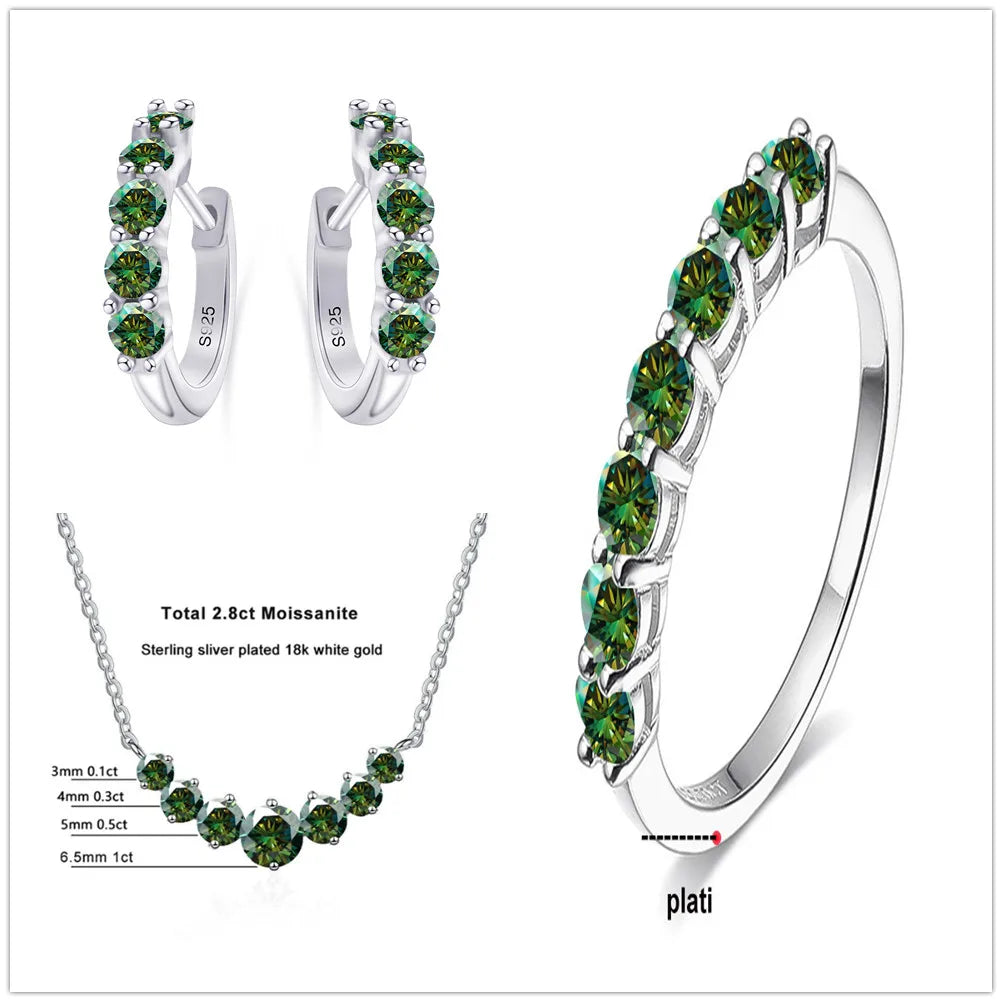 4.5ct Moissanite 925 Sterling Silver Bridal Jewelry Set Ring Necklace Earrings dark green silver
