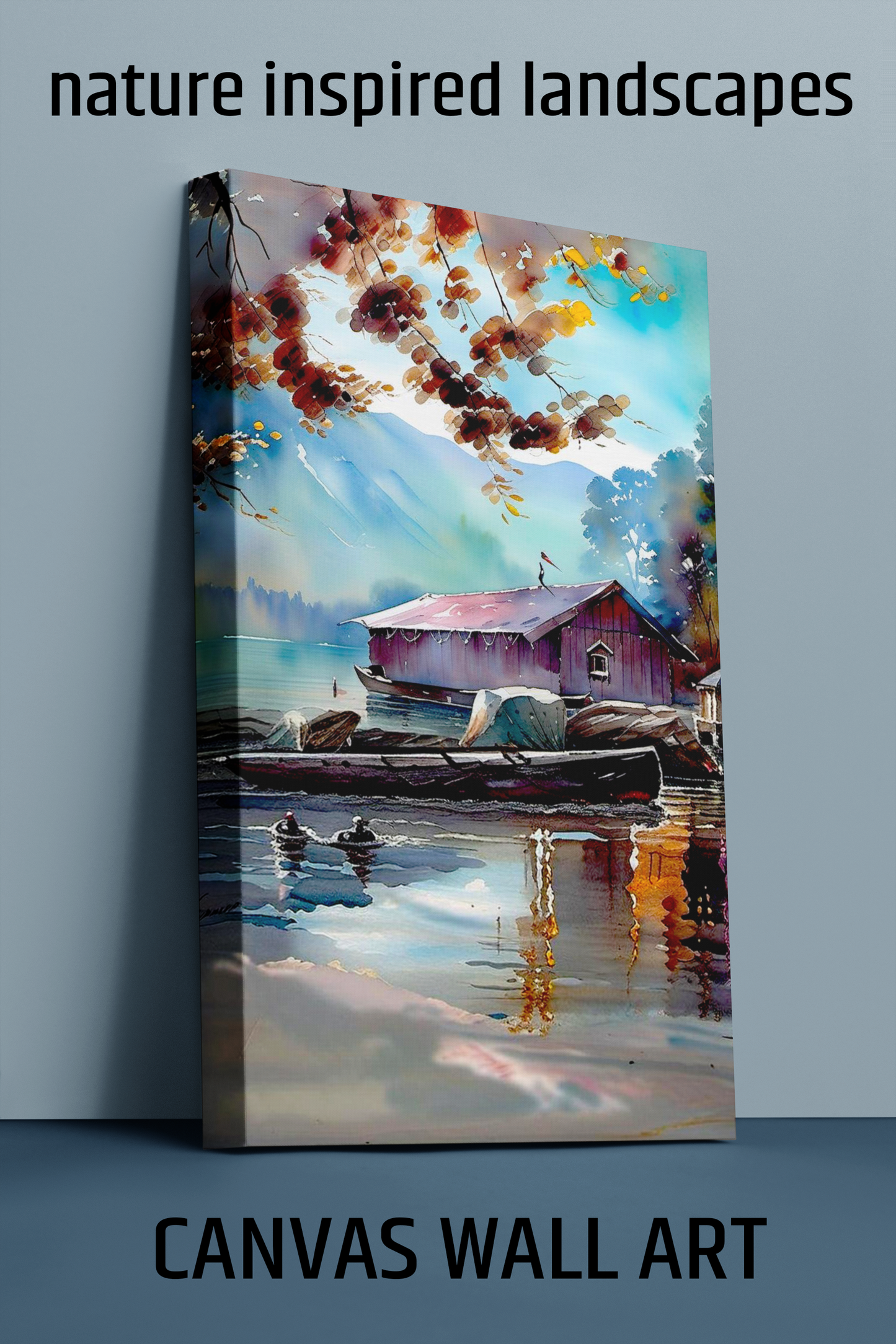 Tranquil Lake Landscape Canvas Art – Serene Nature Wall Decor, Rustic Cabin Aesthetic