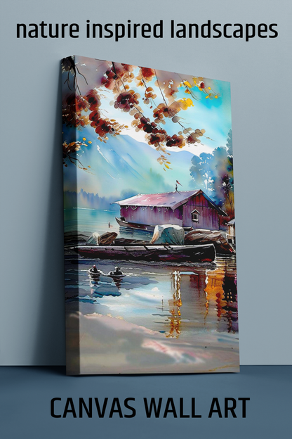 Tranquil Lake Landscape Canvas Art – Serene Nature Wall Decor, Rustic Cabin Aesthetic