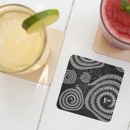 Warli Art Coasters (Set of 4) — Tribal Circle Drink Coasters with Cork Backing