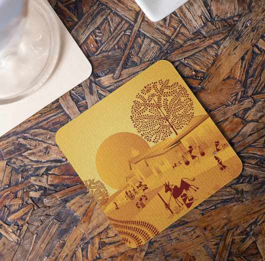 Warli Art Coasters (Set of 4) — Tribal Circle Drink Coasters with Cork Backing