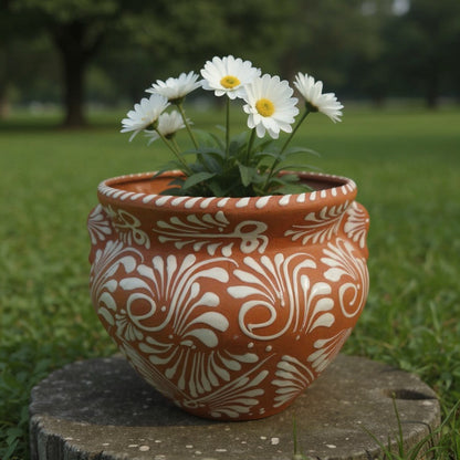 Handcrafted Talavera Flower Pot | Terracotta & White Design Standard