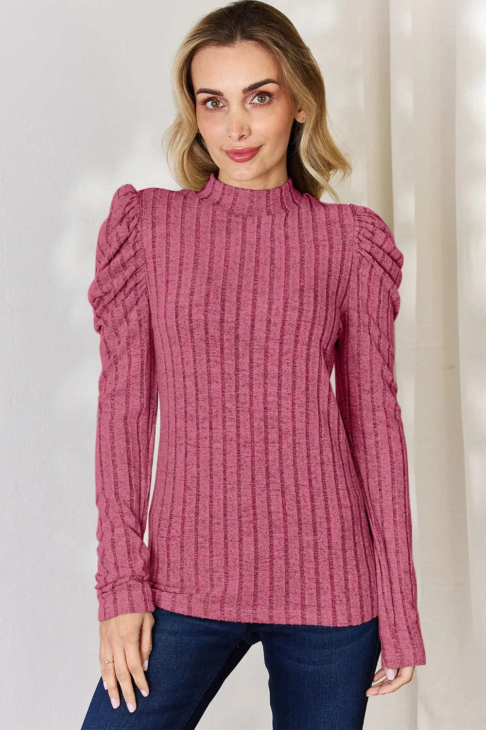 Basic Bae Full Size Ribbed Mock Neck Puff Sleeve T-Shirt Pink