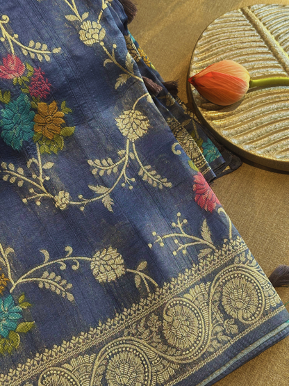 Navy Blue Semi Tussar Georgette Saree with Meenakari Gold Floral Design