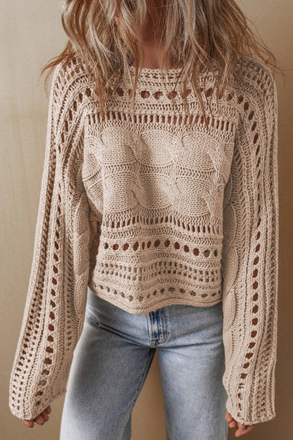 Smoke Gray Hollow-out Cable Knit Cropped Sweater White