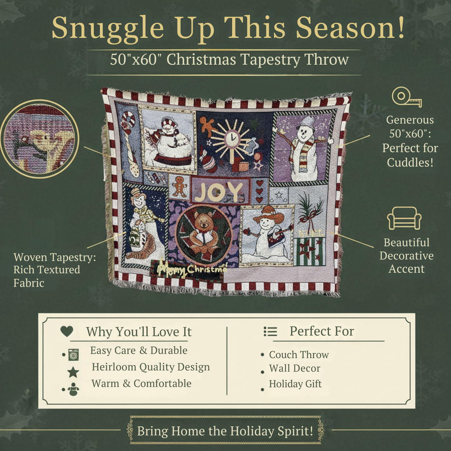 Tache Wonderful Season Snowman Tapestry Throw Blanket with Fringe (2270)
