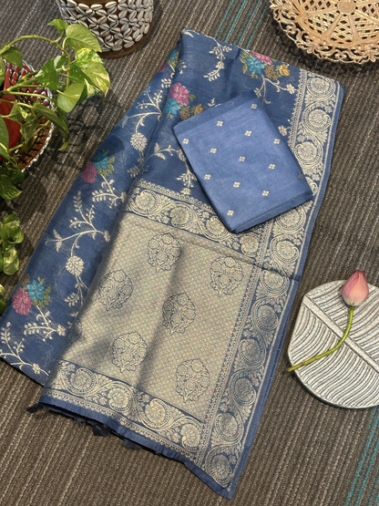 Navy Blue Semi Tussar Georgette Saree with Meenakari Gold Floral Design