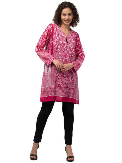 Gia Tunic Top - Hand Embroidered Chikankari On Vibrant Organic Cotton In Hot Pink