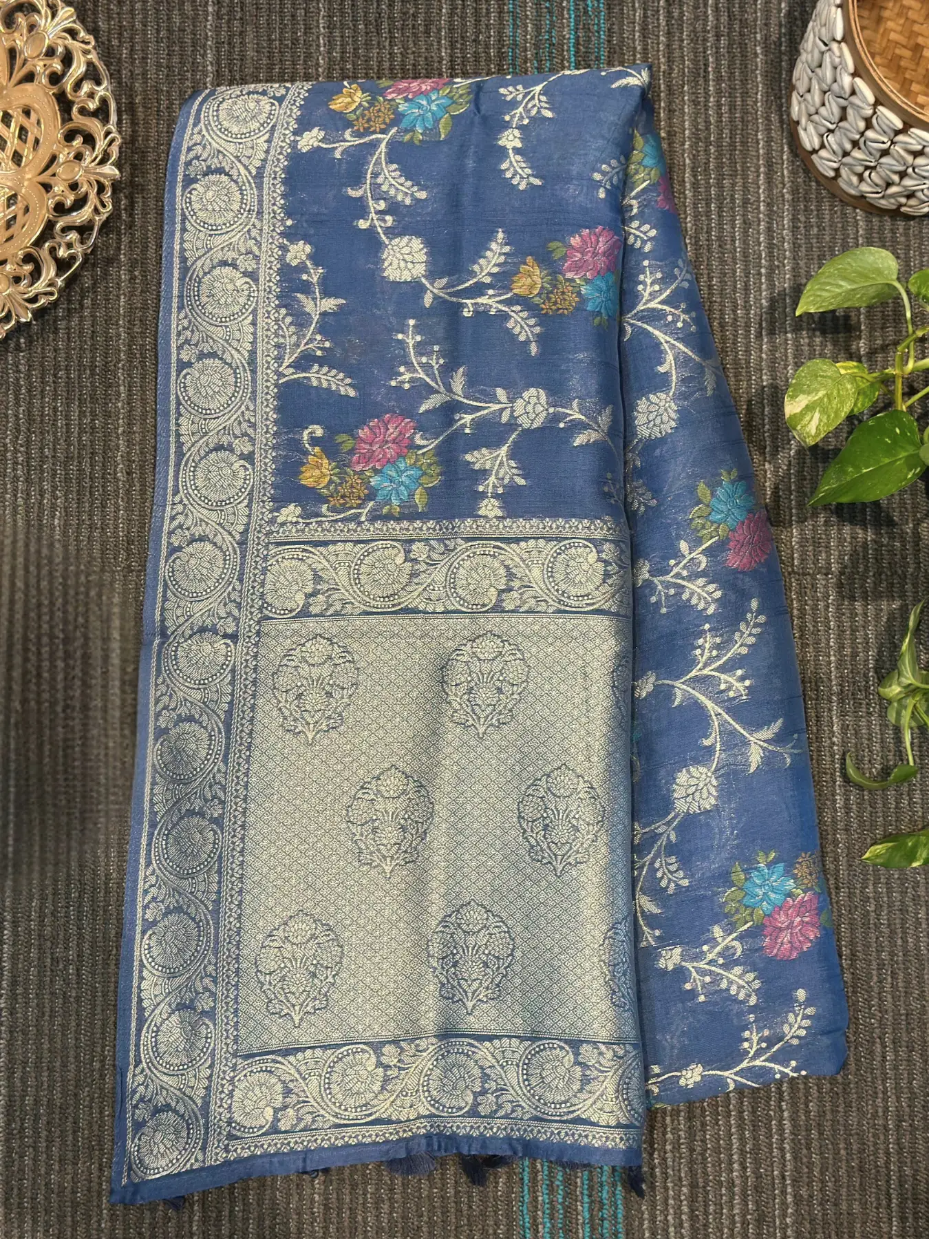 Navy Blue Semi Tussar Georgette Saree with Meenakari Gold Floral Design
