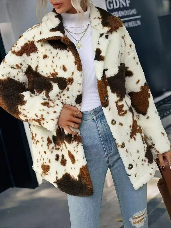 Cow Print Sherpa Jacket Brown