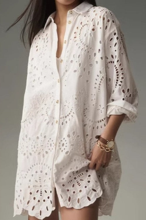Eyelet Embroidery Long Sleeve Shirt White