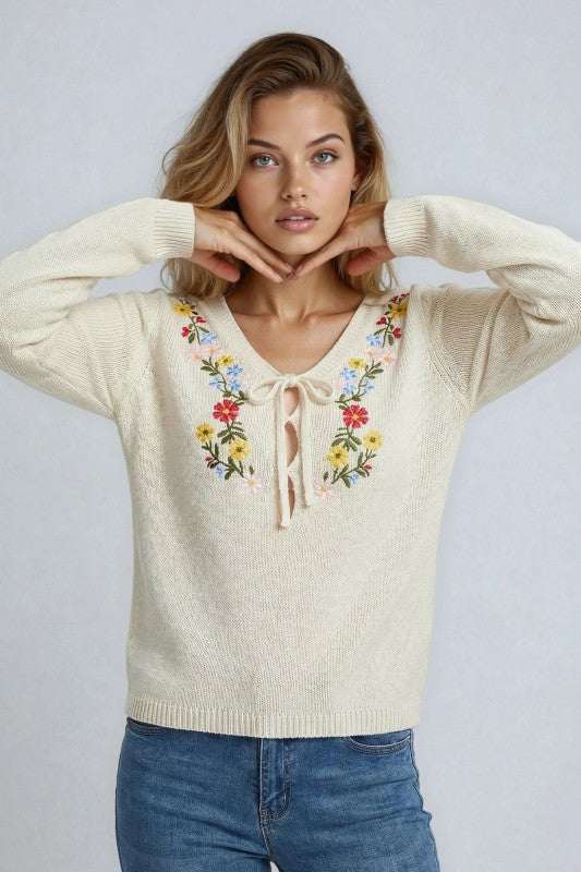 Miss Sparkling Floral Embroidered V-Neck Sweater Cream