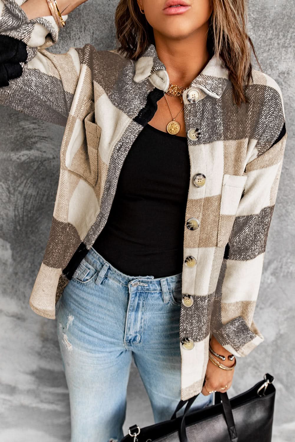 Khaki Plaid Color Block Shacket With Buttoned Pockets