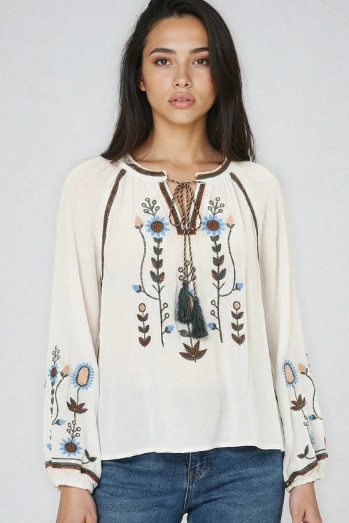 Miss Sparkling Bohemian Embroidered Floral Blouse White