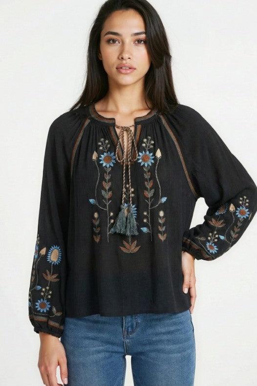 Miss Sparkling Bohemian Embroidered Floral Blouse Black