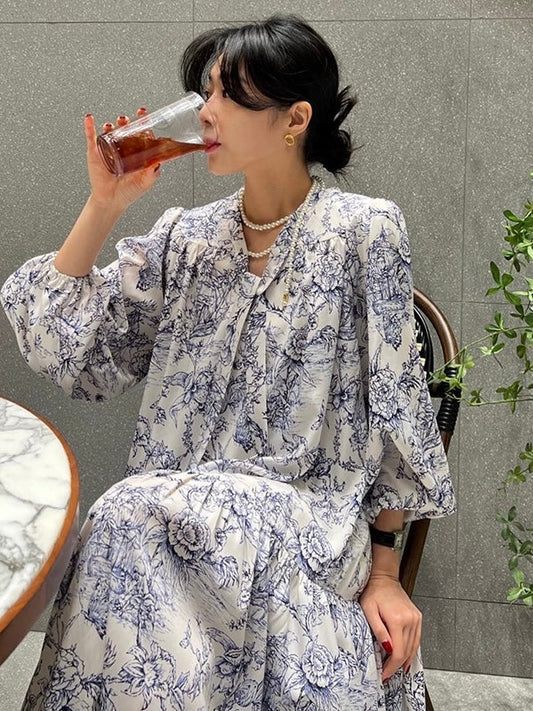 Elegant Printed Tie neckline Floral Long Dress WHITE FREE SIZE