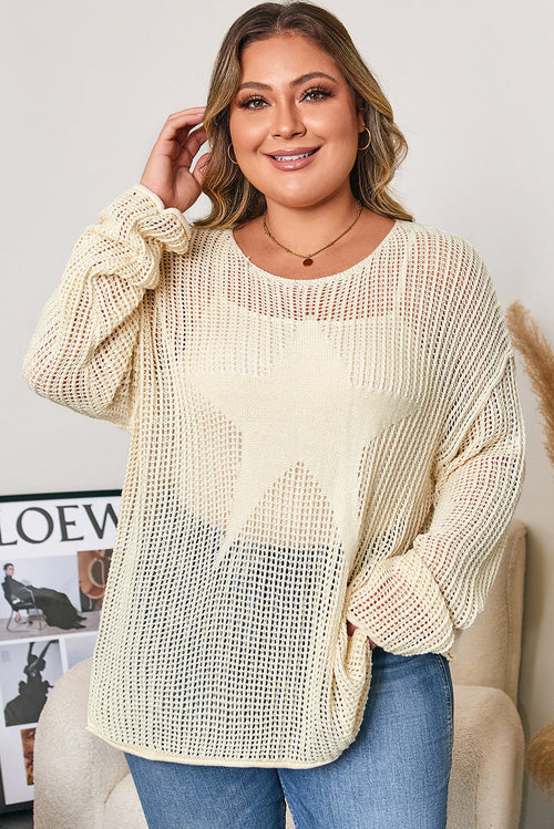 Plus Size Star Hollow-Out Knit Crewneck Sweater Parchment