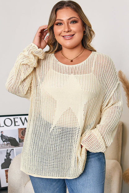 Plus Size Star Hollow-Out Knit Crewneck Sweater Parchment