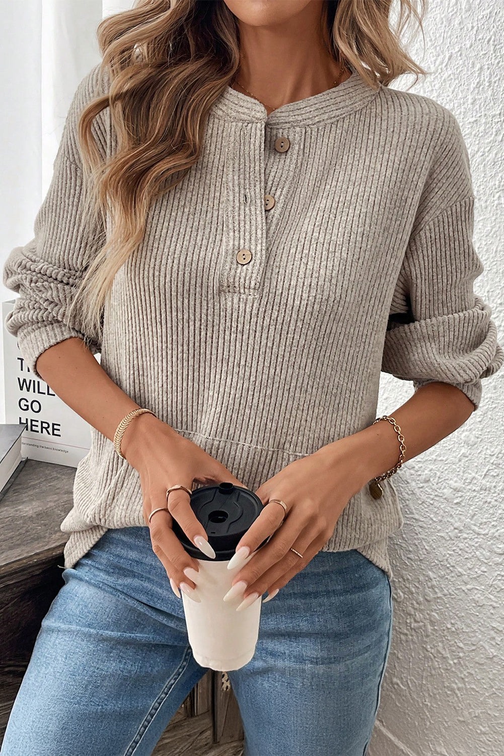 Clearly Aqua Ribbed Texture Drop Shoulder Henley Knit Top Simply Taupe 95%Polyester+5%Elastane