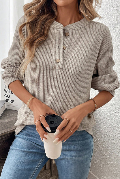 Clearly Aqua Ribbed Texture Drop Shoulder Henley Knit Top Simply Taupe 95%Polyester+5%Elastane