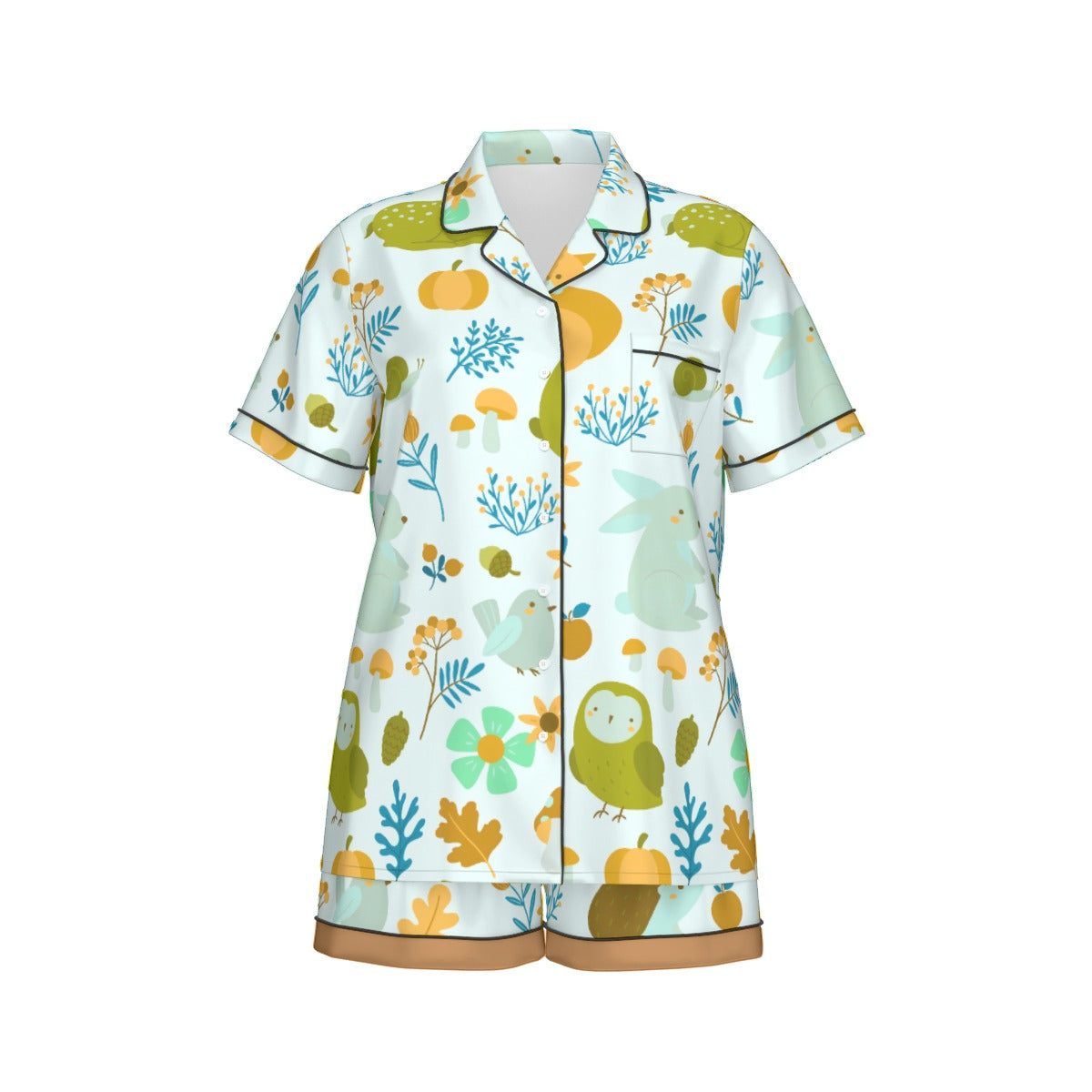 All-Over Print Women's Imitation Silk Pajama Set With Short Sleeve