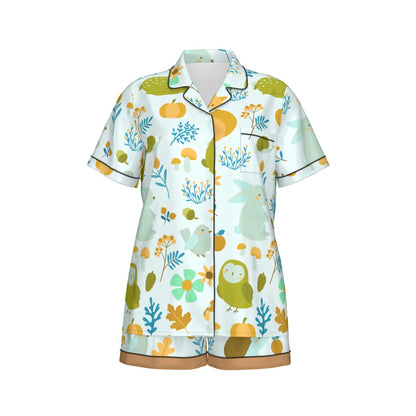 All-Over Print Women's Imitation Silk Pajama Set With Short Sleeve