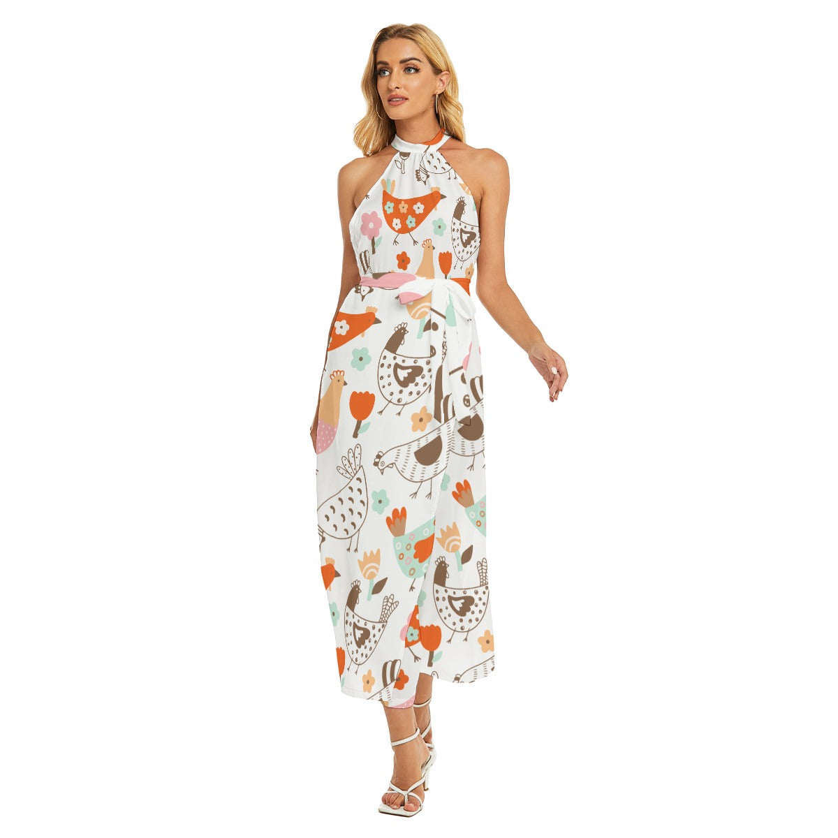 All-Over Print Women's Wrap Hem Belted Halter Dress