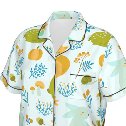 All-Over Print Women's Imitation Silk Pajama Set With Short Sleeve